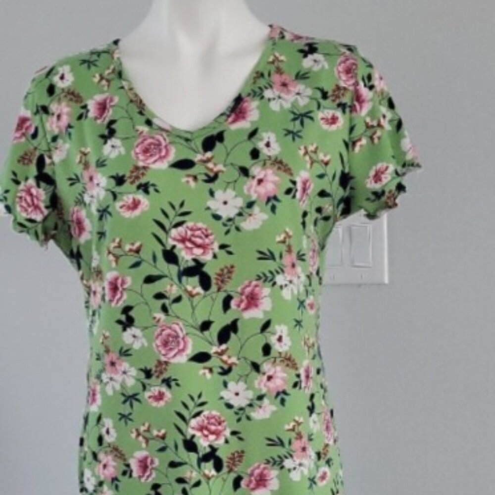 Davina‎ Women's Green Floral V Neck Short Sleeve Midi Dress Size XL